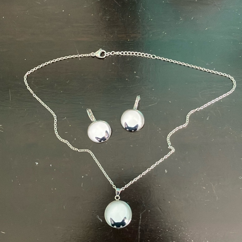 18 inch Black Cat Pendant with hinged pierced Earrings